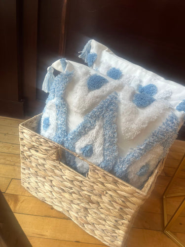 Blue and white Pom Pom pillows