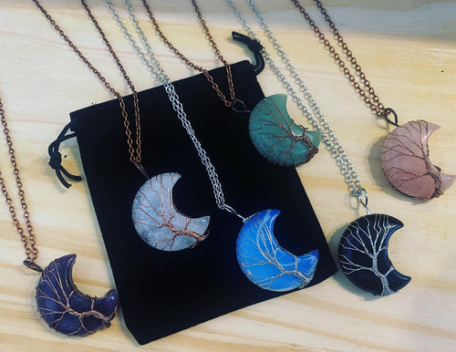 Crystal moon pendant necklaces are tree of life wrapped