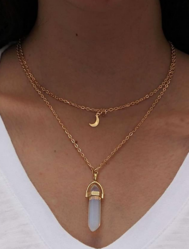 Crystal Layering Necklace with Opal Quartz Stone Gemstone Chakra Pendant Gold Crescent Moon Charm Chain Jewelry Adjustable